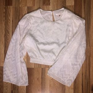 White and gold long flair sleeve crop top (M)